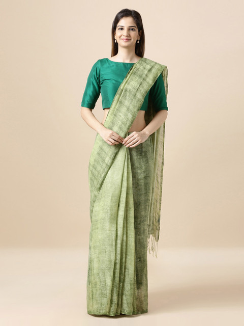 

Taneira Green Woven Design Pure Linen Handloom Saree