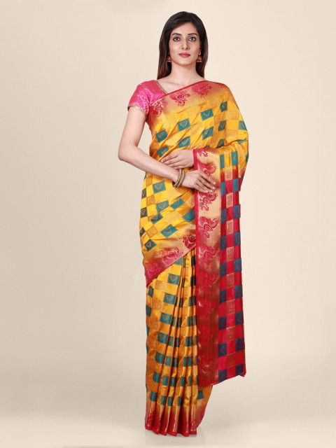 

CLAI WORLD Yellow & Blue Silk Blend Handloom Checked Saree