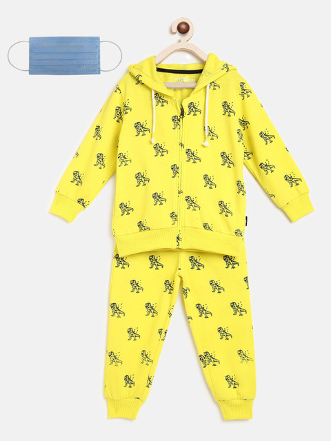 

Lil Tomatoes Boys Fluorescent Green Printed Tracksuit with 3-Ply Cotton Face Mask