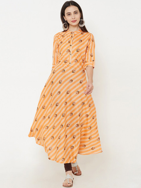 

FASHOR Women Orange & Peach-Coloured Striped Anarkali Kurta