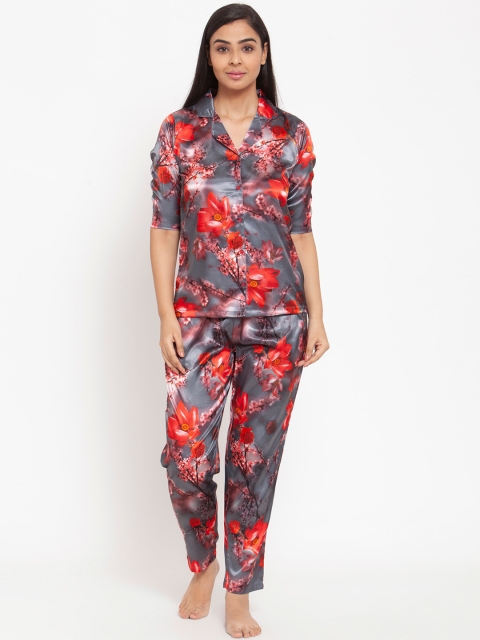 

Claura Women Grey & Red Printed Night suit