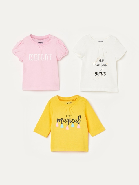 Juniors by Lifestyle Girls Pack of 3 Printed Pure Cotton Tops, Yellow