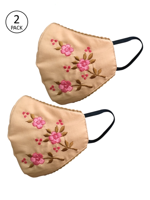 

nestroots Unisex Pack of 2 Beige Embroidered 2-Ply Reusable Masks