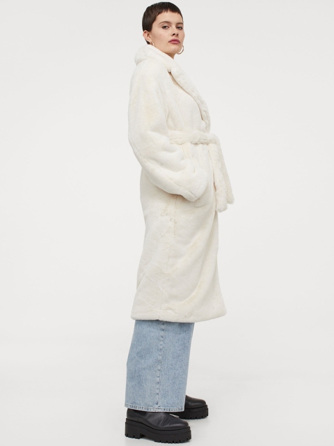 H&M Women White Solid Faux Fur Coat