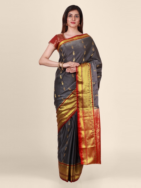 

CLAI WORLD Charcoal Grey & Red Silk Blend Woven Design Saree