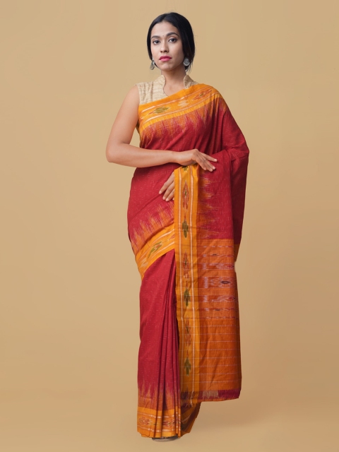 

Unnati Silks Red Pure Cotton Solid Handloom Sambalpuri Saree