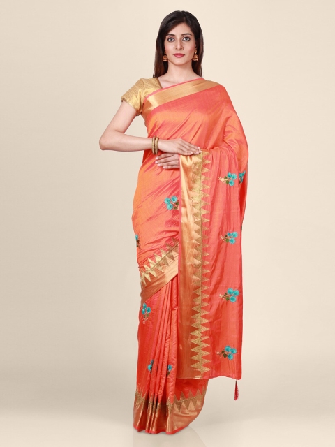 

CLAI WORLD Orange & Blue Silk Blend Embroidered Handloom Saree