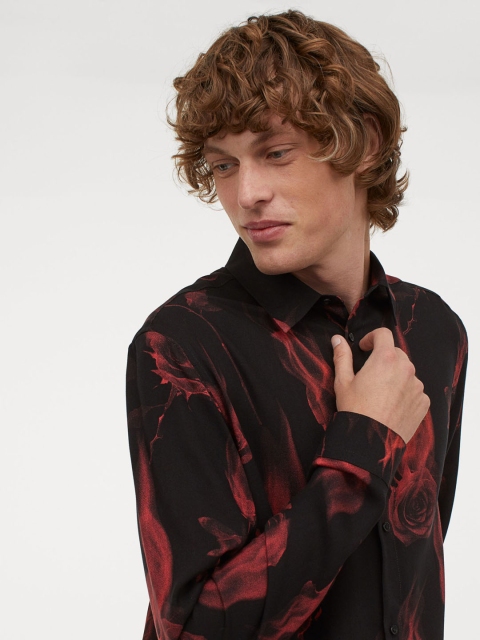 

H&M Men Black Printed Viscose Shirt Slim Fit