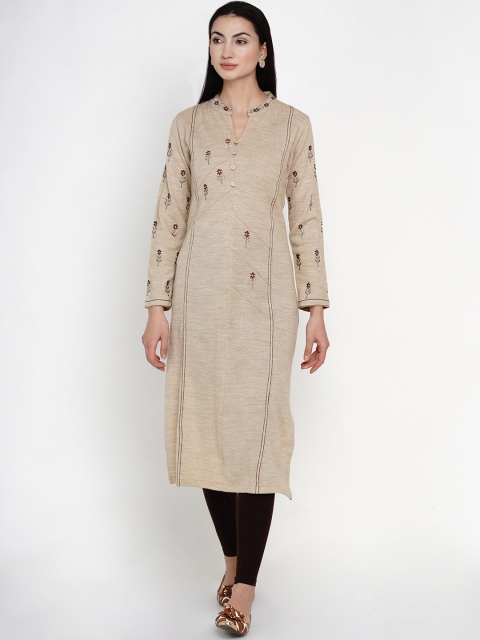 

FABNEST Women Beige Embroidered Straight Winter Kurta