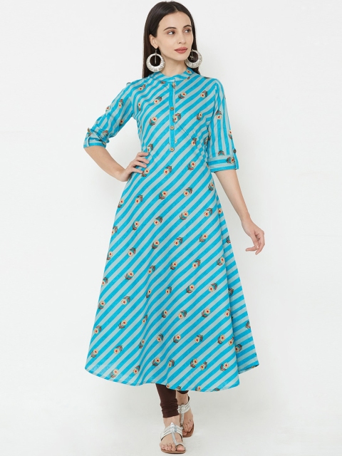 

FASHOR Women Turquoise Blue & Grey Striped Anarkali Kurta