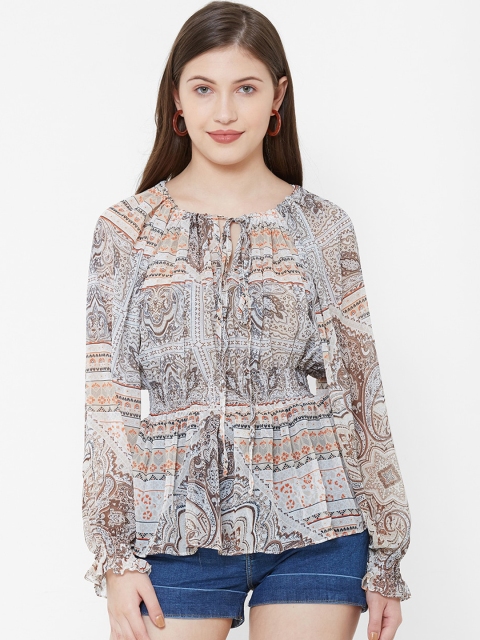 

bebe Women Beige Printed Cinched Waist Top