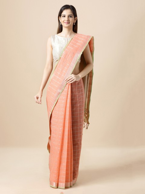 

Taneira Orange Pure Cotton Checked Mangalagiri Saree