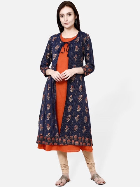 

Molcha Women Orange & Blue Solid A-Line Kurta With Jacket