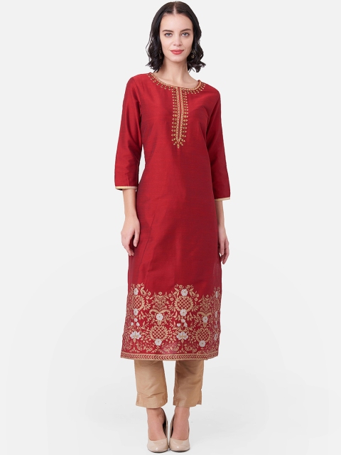 

IMARA Women Maroon & Beige Embroidered Kurta with Trousers