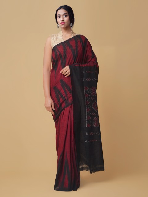 

Unnati Silks Maroon & Black Pure Cotton Printed Sambalpuri Saree