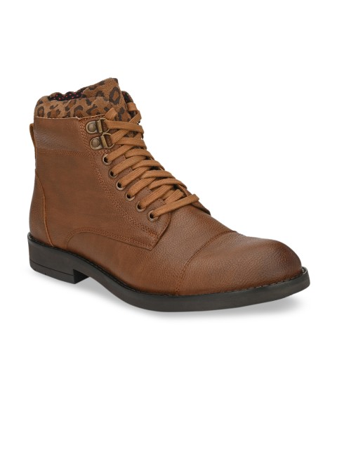 

Delize Men Tan Brown Solid Leather Mid-Top Flat Boots