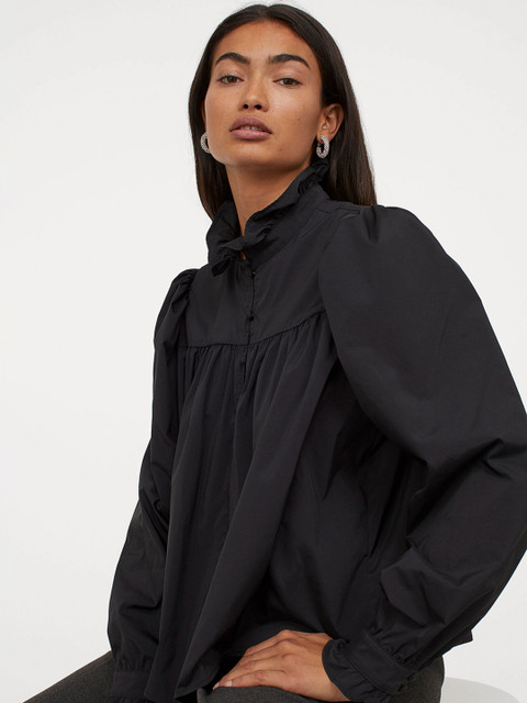 

H&M Women Black Solid Frill-Trimmed Blouse