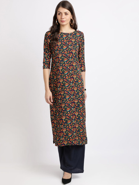 

Silk Bazar Women Navy Blue & Orange Printed Straight Kurta