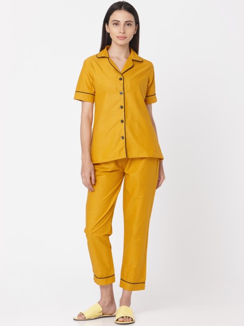 Smarty Pants Women Mustard Yellow Printed Night Suit