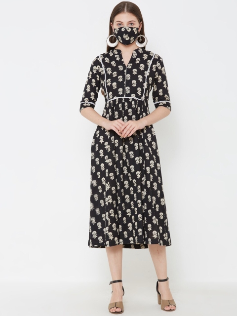 

FASHOR Women Black Printed Fit and Flare Dress