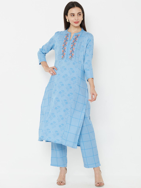 

FASHOR Women Blue Checked Floral Embroidered Kurta Set