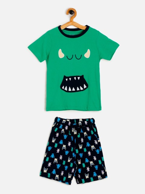

Aomi Boys Green & Navy Blue Printed Night suit