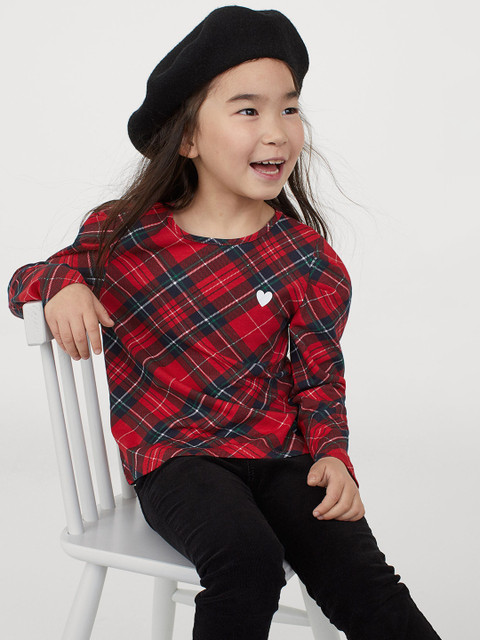 

H&M Girls Red Checked Puff-Sleeved Jersey Top