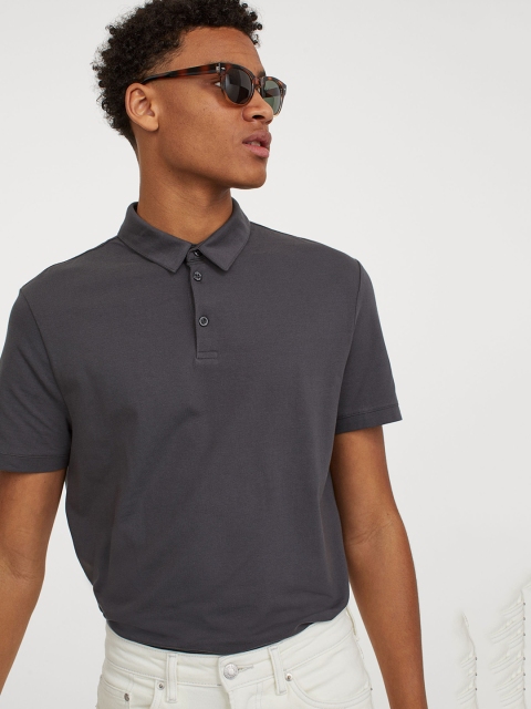 

H&M Grey Solid Polo Shirt Slim Fit