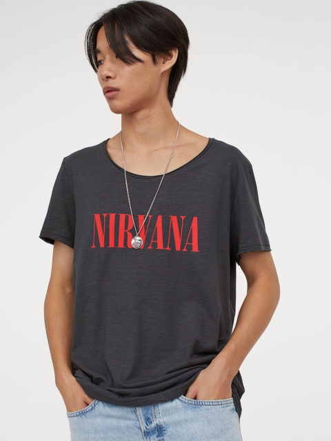 

HM Men Grey Printed Pure Cotton T-shirt