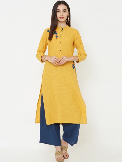 

FASHOR Women Mustard Embroidered Straight Kurta