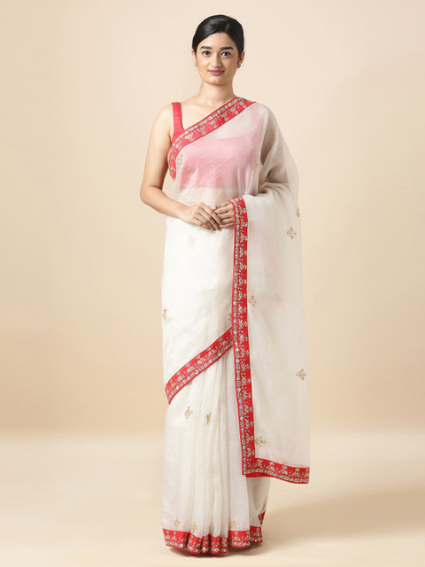 

Taneira White Organza Embellished Block Print Saree