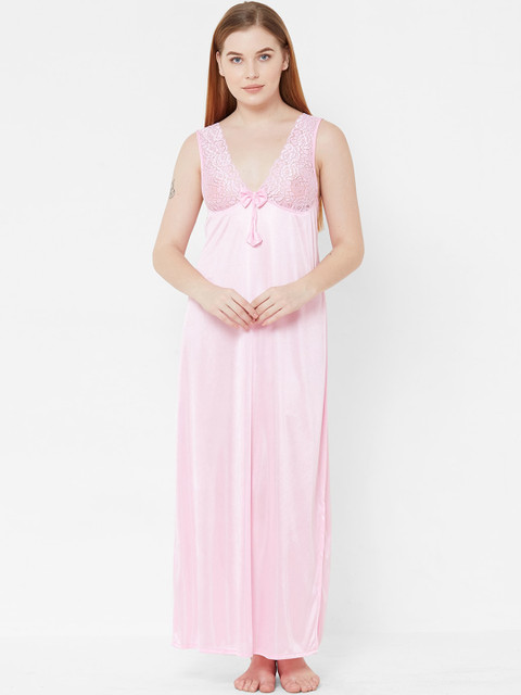 

FashionRack Pink Solid Nightdress With Robe