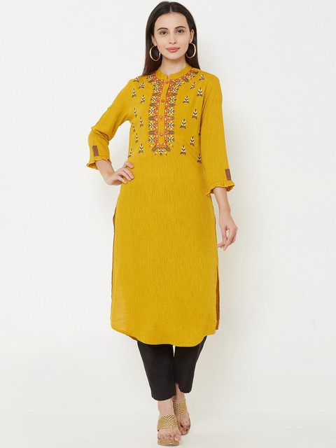 

FASHOR Women Mustard Yellow Embroidered Straight Kurta