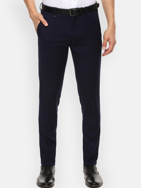 

V Dot Men Navy Blue Slim Fit Striped Formal Trousers