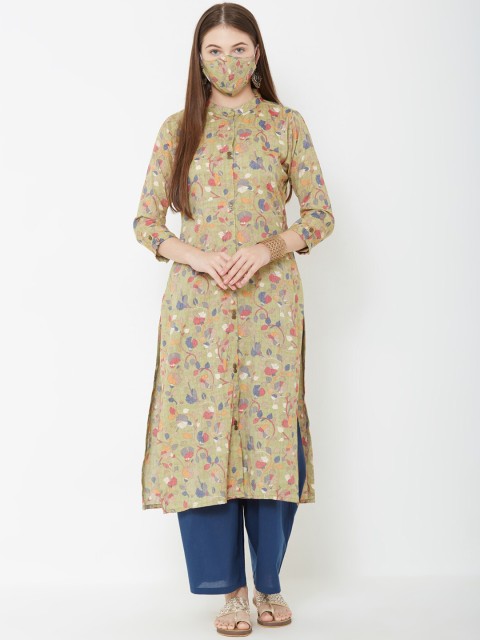 

FASHOR Women Green & Pink Floral Print Straight Kurta