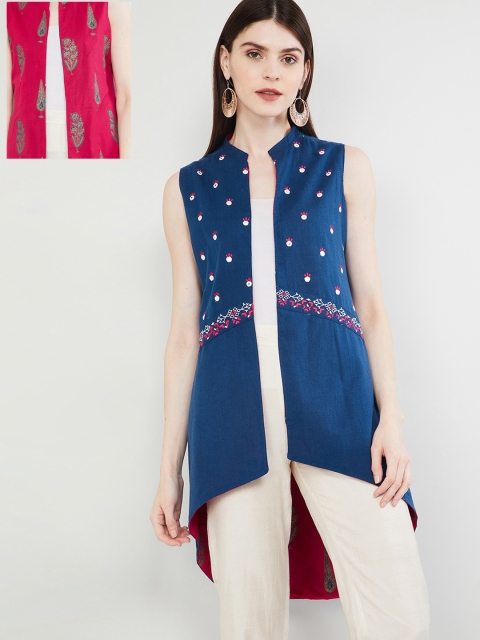 

max Women Blue Self Design Reversible Open Front Jacket
