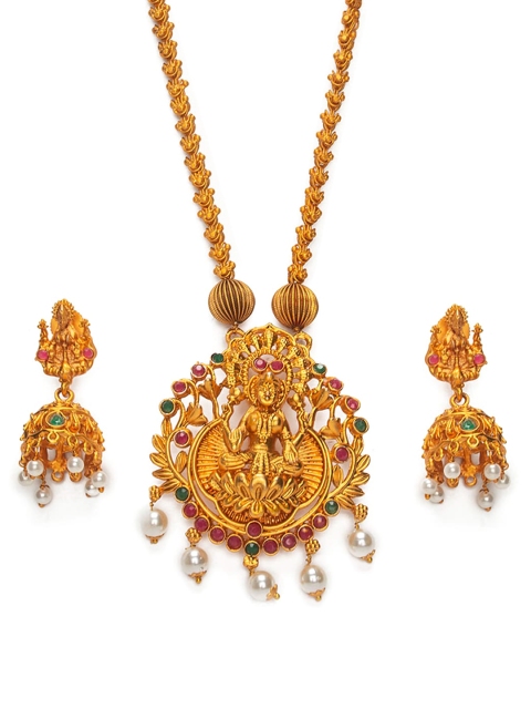 Alankruthi Gold-Plated & Green Stone Studded Temple Twinkling Unique Jewellery Set