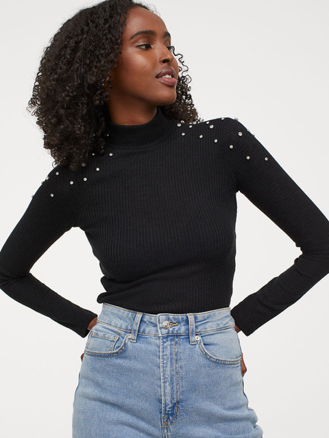 

H&M Women Black Bead-detail Ribbed Jumper