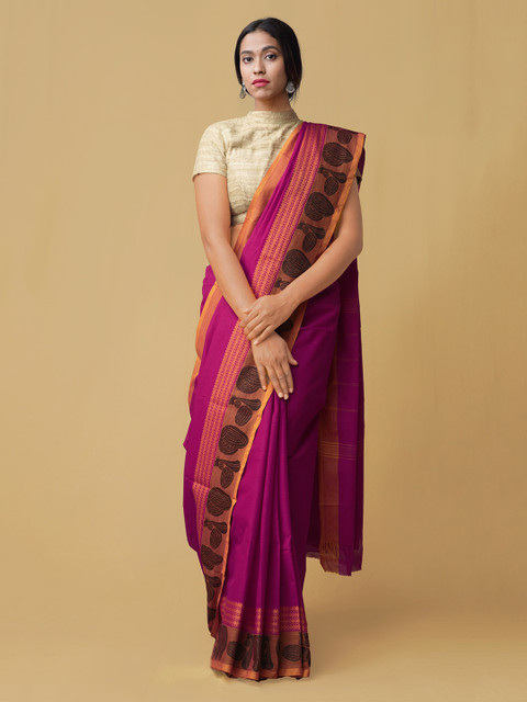 

Unnati Silks Magenta Pure Cotton Solid Handloom Kanchi Saree
