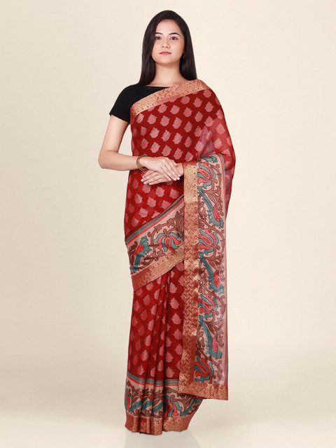 

CLAI WORLD Red & Copper-Toned Poly Georgette Handloom Woven Design Saree