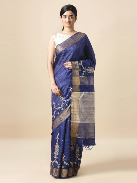 

Taneira Blue & Gold-Toned Pure Silk Embroidered Tussar Saree