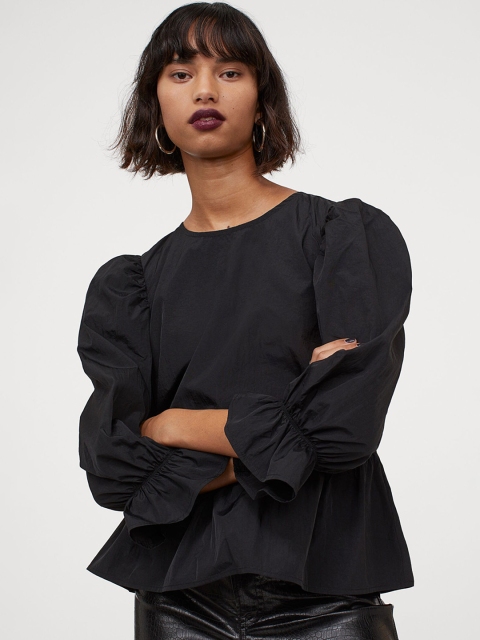 

H&M Women Black Solid Puff-Sleeved Peplum Blouse