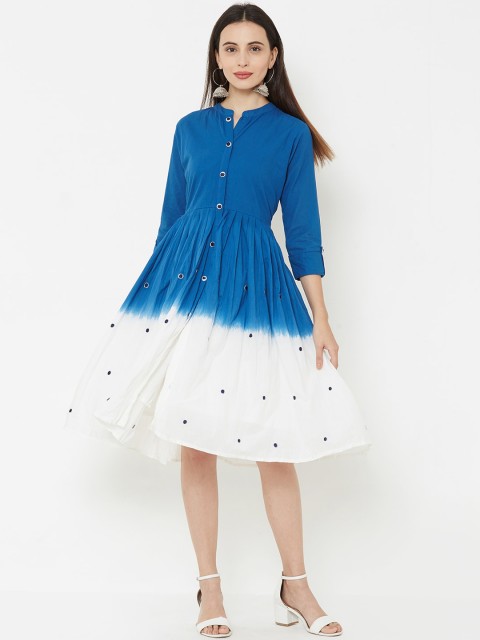 

FASHOR Women Blue & White Dyed Fit and Flare Dress
