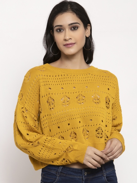 

Global Republic Women Mustard Yellow Self Design Pullover Sweater