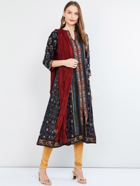 

max Women Black & Blue Printed Kurta with Churidar & Dupatta