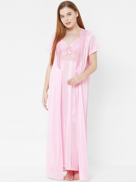 

FashionRack Pink Solid Nightdress With Robe