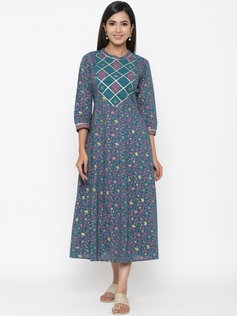

Maaesa Women Green Printed Fit and Flare Dress