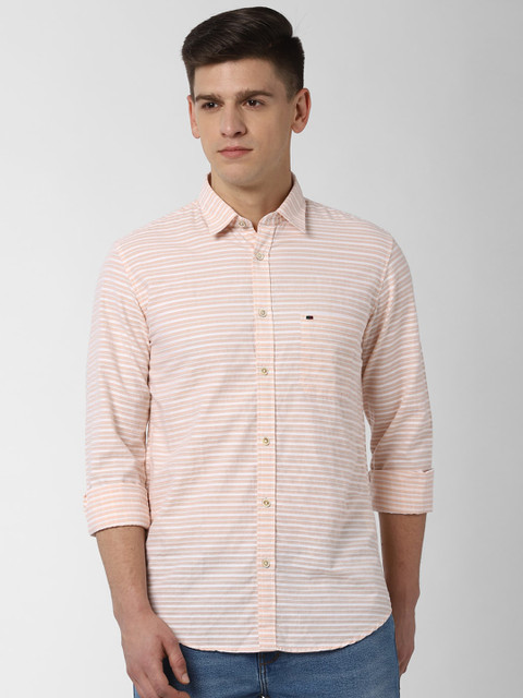 

Peter England Casuals Men Peach-Coloured & White Slim Fit Striped Casual Shirt