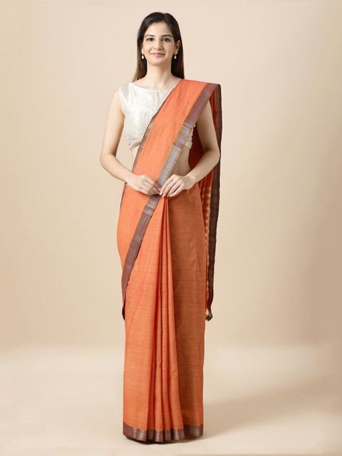 

Taneira Orange Pure Cotton Solid Mangalagiri Saree