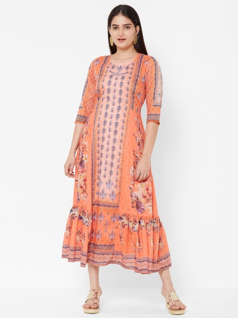 

Vedic Women Orange Printed A-Line Dress